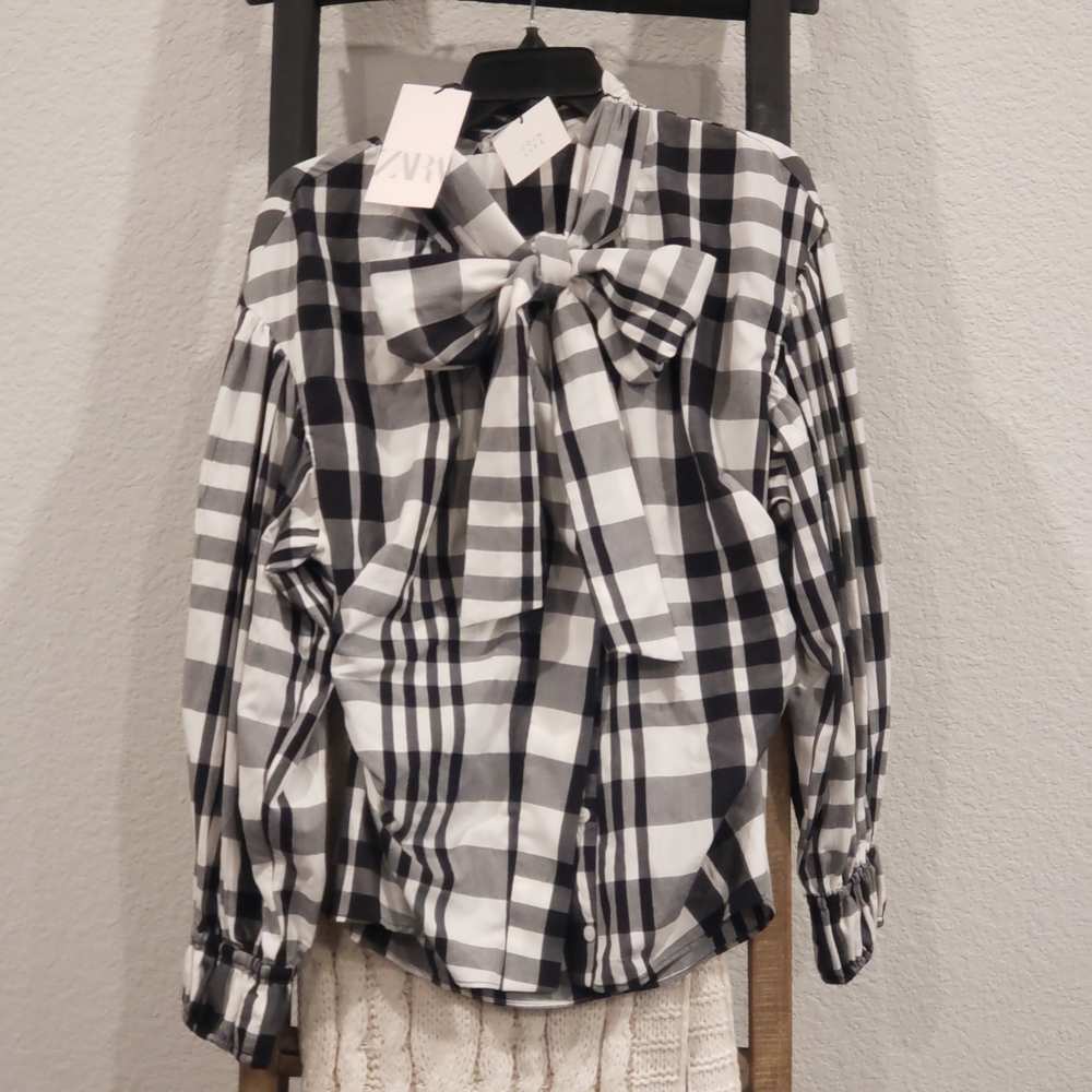 NWT Zara Black and White Checkered Blouse Sz Fitted XL